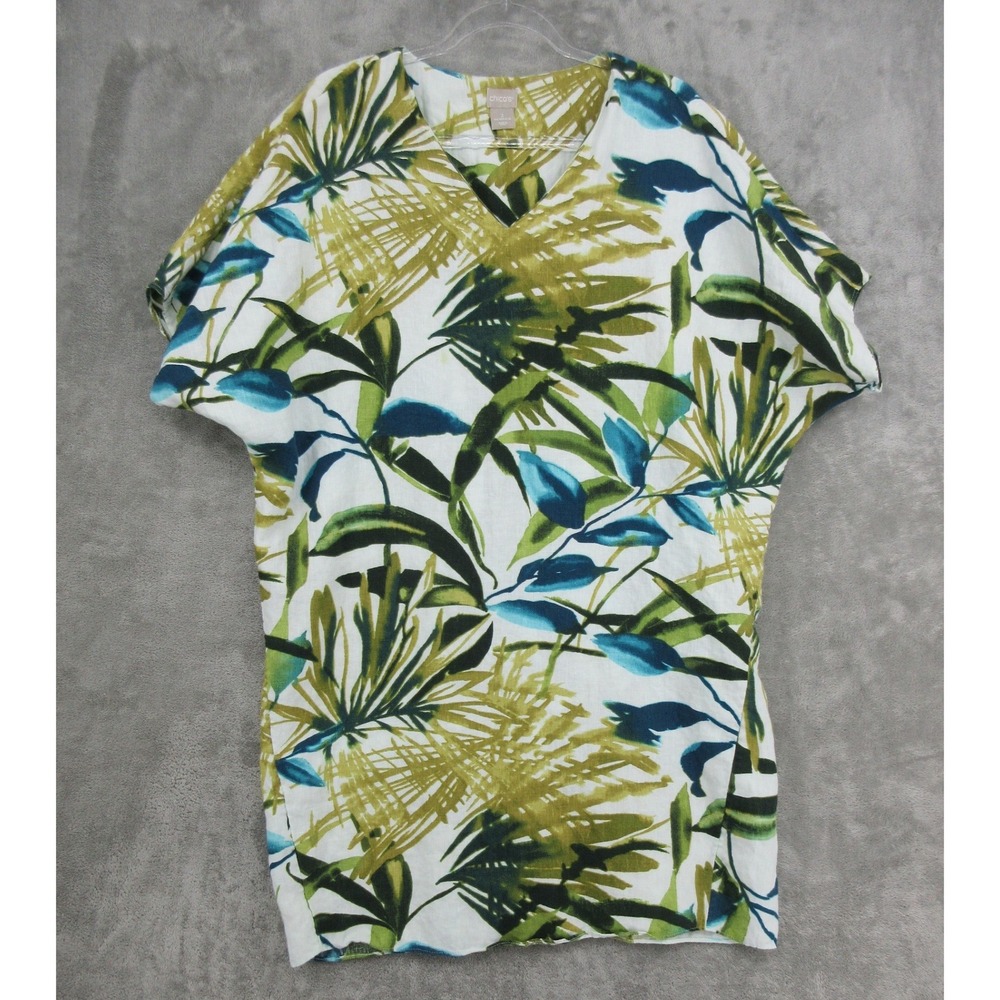 Chicos Dress Womens Size 2 L Linen Tropical Relaxed Coastal Beach Resort Green
